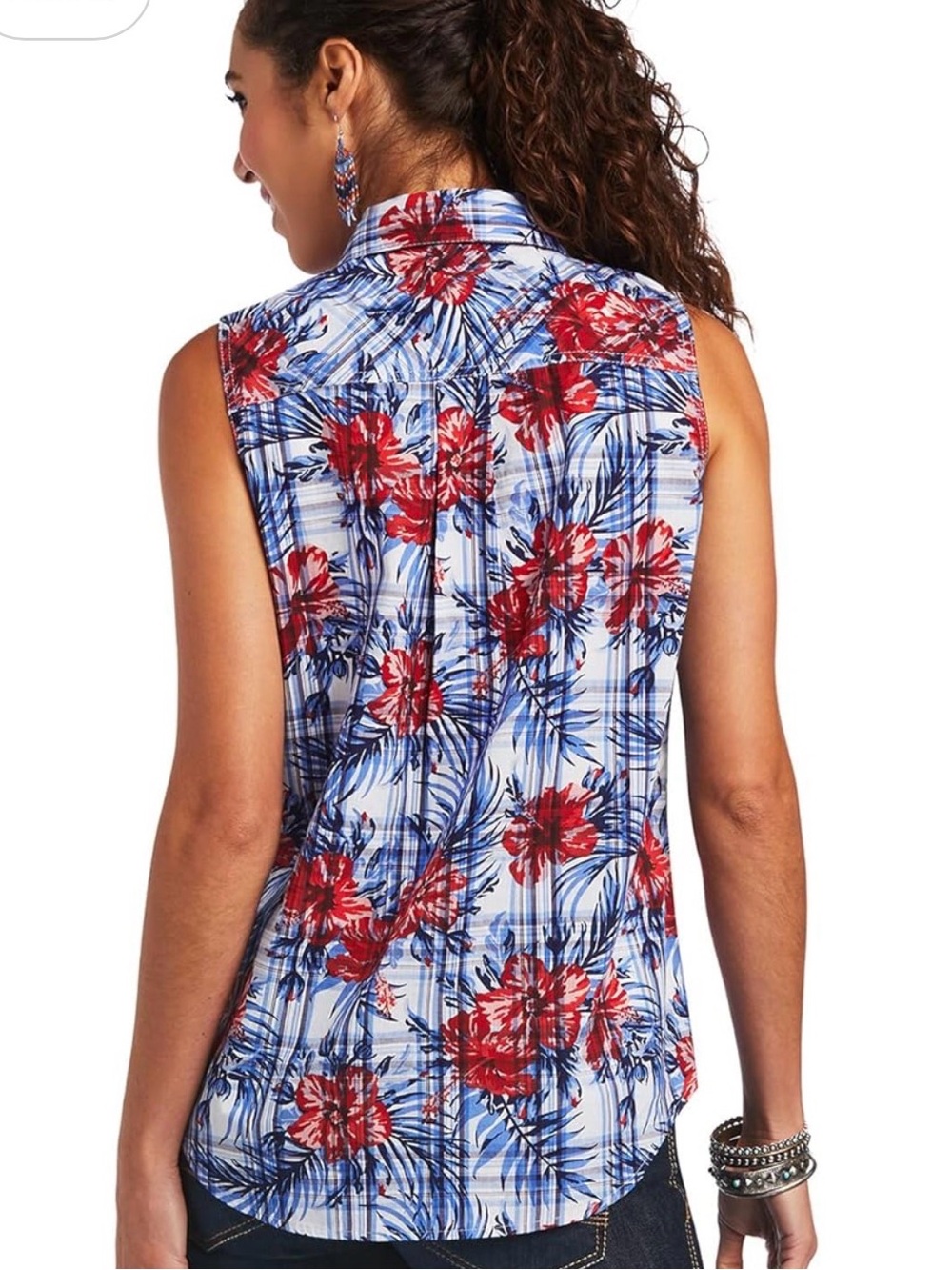Ariat Sleeveless Floral Plaid Button-Front Top - Red & Blue - Picture 2 of 7
